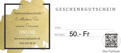 Gutschein für TopHands Nagelstudio & BeautyStudio in Zürich für 50.- Nach der Zahlung wird dir ein Link zugeschickt, mit dem du den Gutschein runterladen kannst